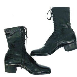 Vintage 20s Antique Black Leather Lace-up High Boots Shoes 5-6N